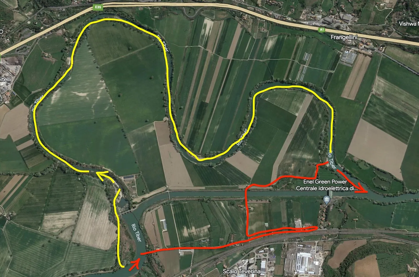 <strong>Umtragen beim Damm Scalo Teverina.</strong> Die gelbe Strecke ist die empfohlene, die rote ist extrem mühsam: 4 km zu Fuss mit dem Kanu.