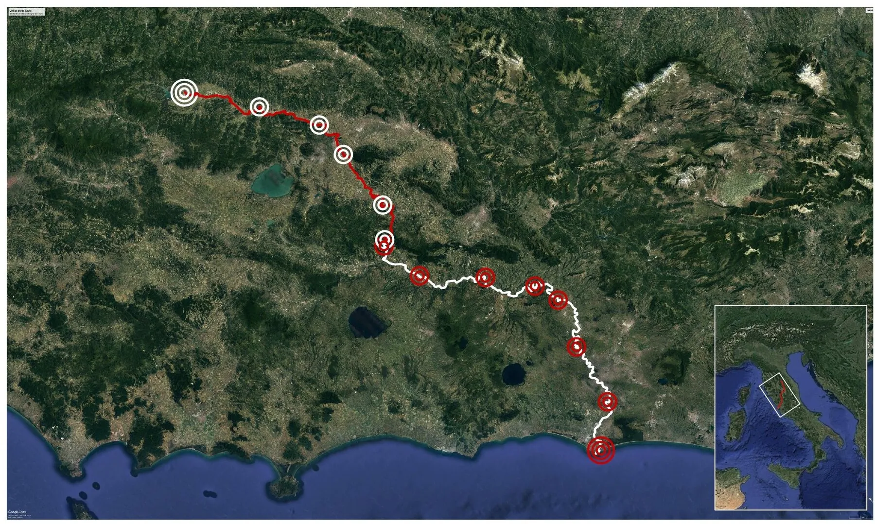 Karte der gesamten Befahrung von Sansepolcro bis ans Meer, mit allen Zeltplätzen.